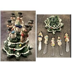 Christmas Tree Snowmen Family Carved Resin 5" Butter/Jelly Knives Spreader Set